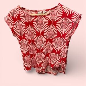 Cute Joie red white fan leaf linen cap sleeve top scoop neck